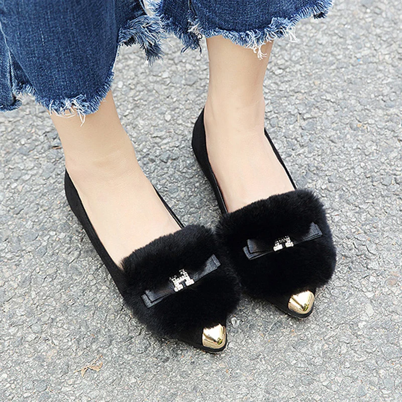 Glissent Sur Hyoma Bowtie Gary De Femmes Appartements Femme Chaussures Noir Mujer Fourrure Confortable Strass Plus gris Pointu Noir Bout Taille Zapatos 4w8azqE
