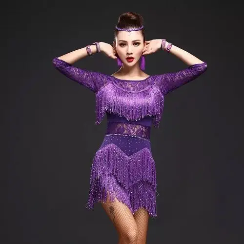 Платья для латинских танцев со средним рукавом для женщин и девушек, сексуальная юбка с блестками и бахромой для бальных танцев, Танго, сальсы, румбы, платья для латинских танцев, одежда - Цвет: Purple Long