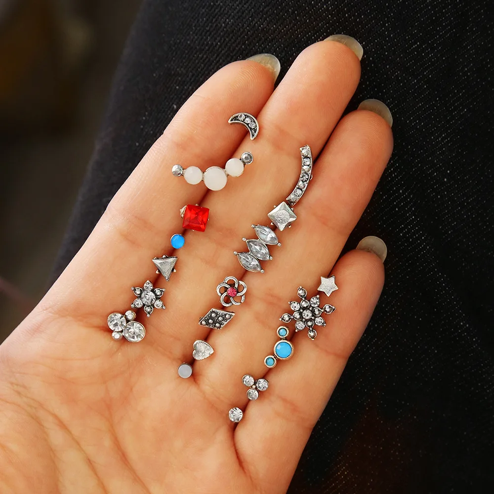 19 шт., Ретро стиль, Микс Дизайн, маленькие Кристальные треугольные серьги для пирсинга, для женщин, круглая луна, звезда, снежинка, серьги-гвоздики, манжета, серьги, набор