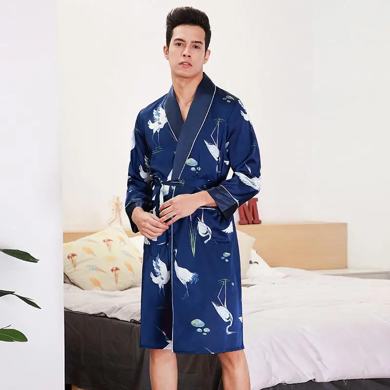 New Style Mens Long pants Spring Summer Casual Silky Home Wear Male Sleep Pyjama Bath Trousers L-XXL - Цвет: B1 robe