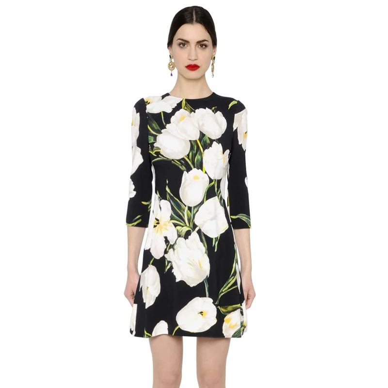 

2016 Autumn Fashion Womens Retro Vintage Tulip Flower Print Half Sleeve Dress Ladies Plus Size Slim Fit Vestido Jacquard Dresses