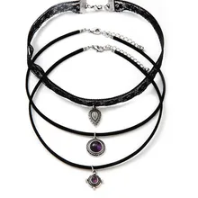 3Pcs Set All-match Lace Blue stone Chokers Necklaces Alloy Cute Pendants Necklaces Hot-selling Sets Necklace