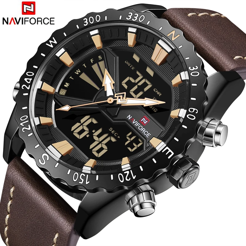 

NAVIFORCE Mens Watches Leather Military Sports Watch Men LED Quartz Digital Clock Male Waterproof Fashion Outdoor Wrist Watch