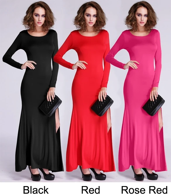 New Fashion O-neck Long Sleeve Full Length Bifurcated Shape Bodycon Women Dress Polyester Spandex Maxi Prom SV011184#23F | Женская