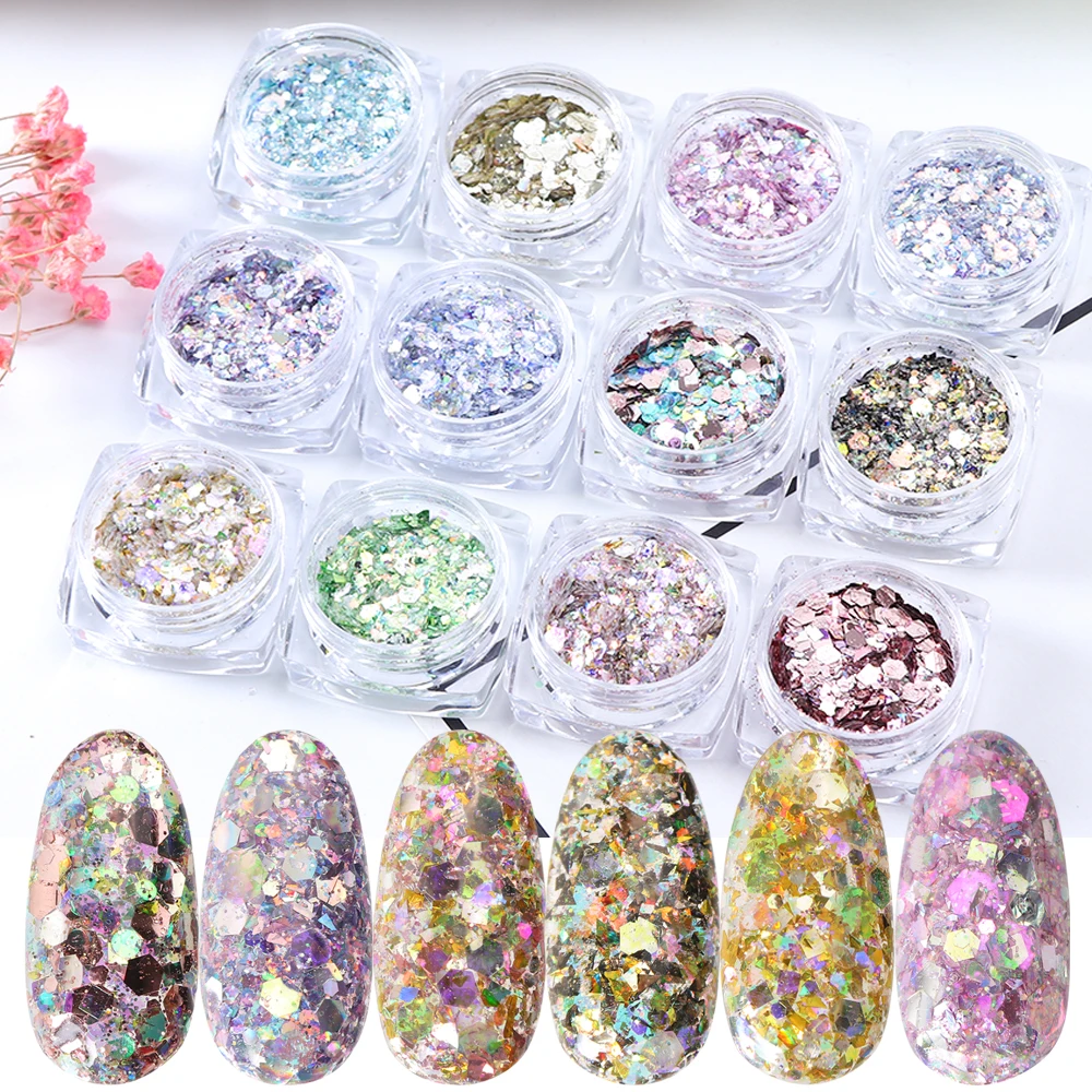 

12pcs 3D Holo Hexagon Nail Sequins Flakes Slice Mermaid Powder Glitter Paillette Manicure Nail Art Decoration Tip JIDJ01-12-1