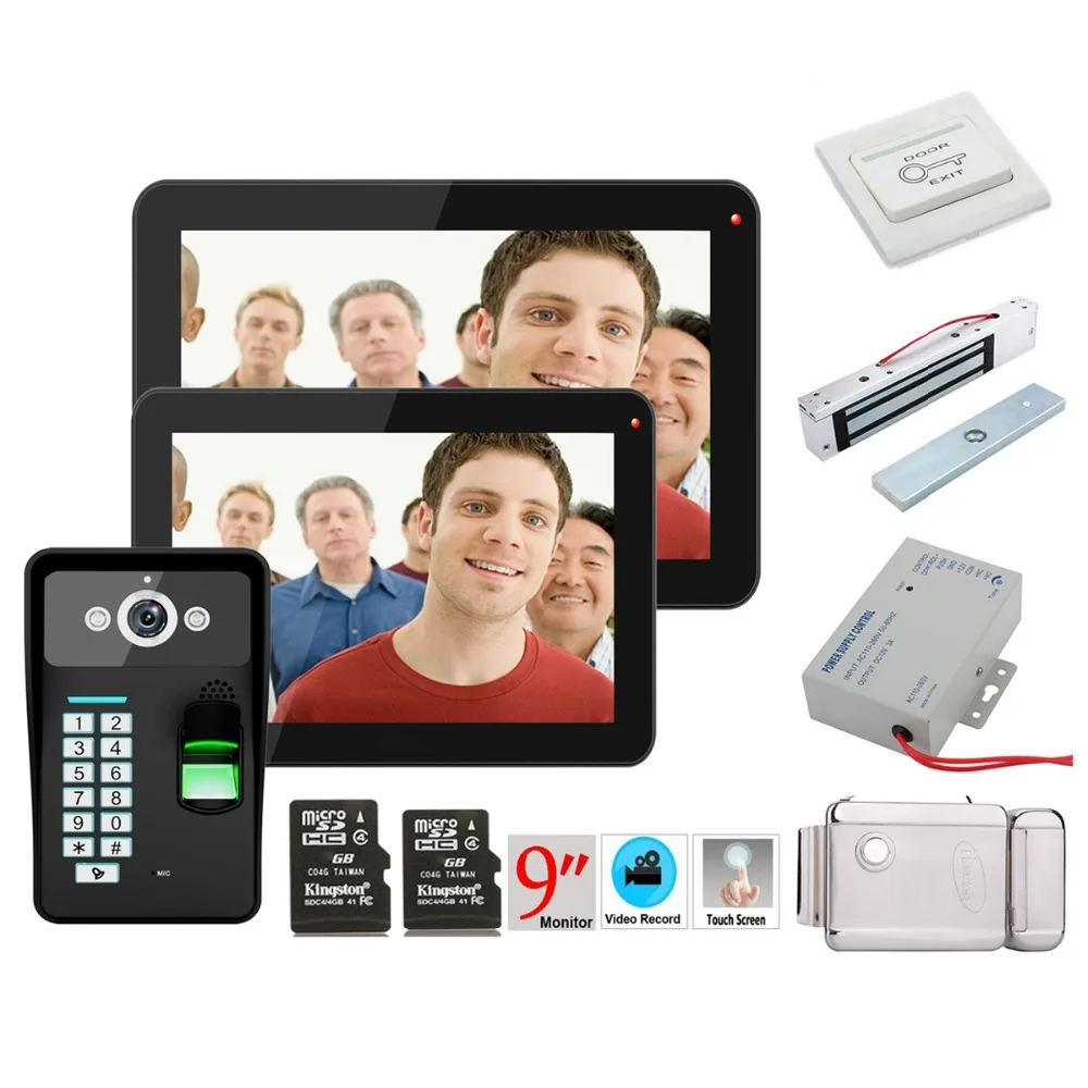 

Home Security 9" 2 Monitors Recording RFID Password Fingerprint Recognition 900TVL Video Door Phone Intercom Rainproof Night