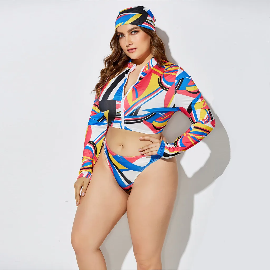 KANCOOLD Three-Piece Women's Swimwear High Waist Printing Long Sleeve Split Suit Brazilian Sexy Bathing Plus Size Swimsuit