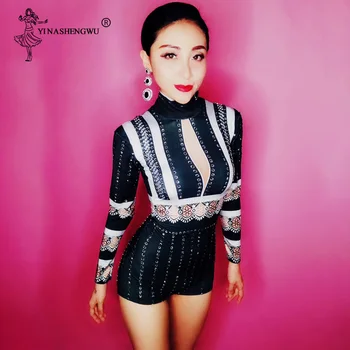 

Long Sleeve Bodysuit Rhinestones Bodysuit Sexy Nightclub Lady DJ Singer Stage Outfit Bar Party Dance Costume Nightclub Outfit