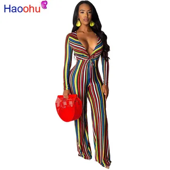 

HAOOHU Colorful Striped Summer Jumpsuit Women Deep V Neck Long Sleeve Wide Long Pants Rompers Elegant Pleat Overallls For Women