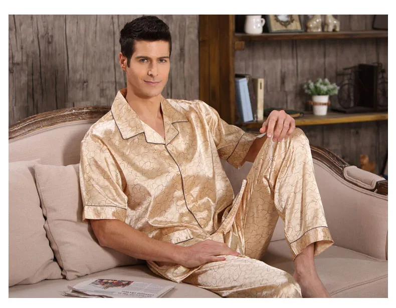 CherLemon Для мужчин Летний Классический шелковый атлас пижамный комплект мужской короткий рукав рубашка на пуговицах с эластичной талией Pants