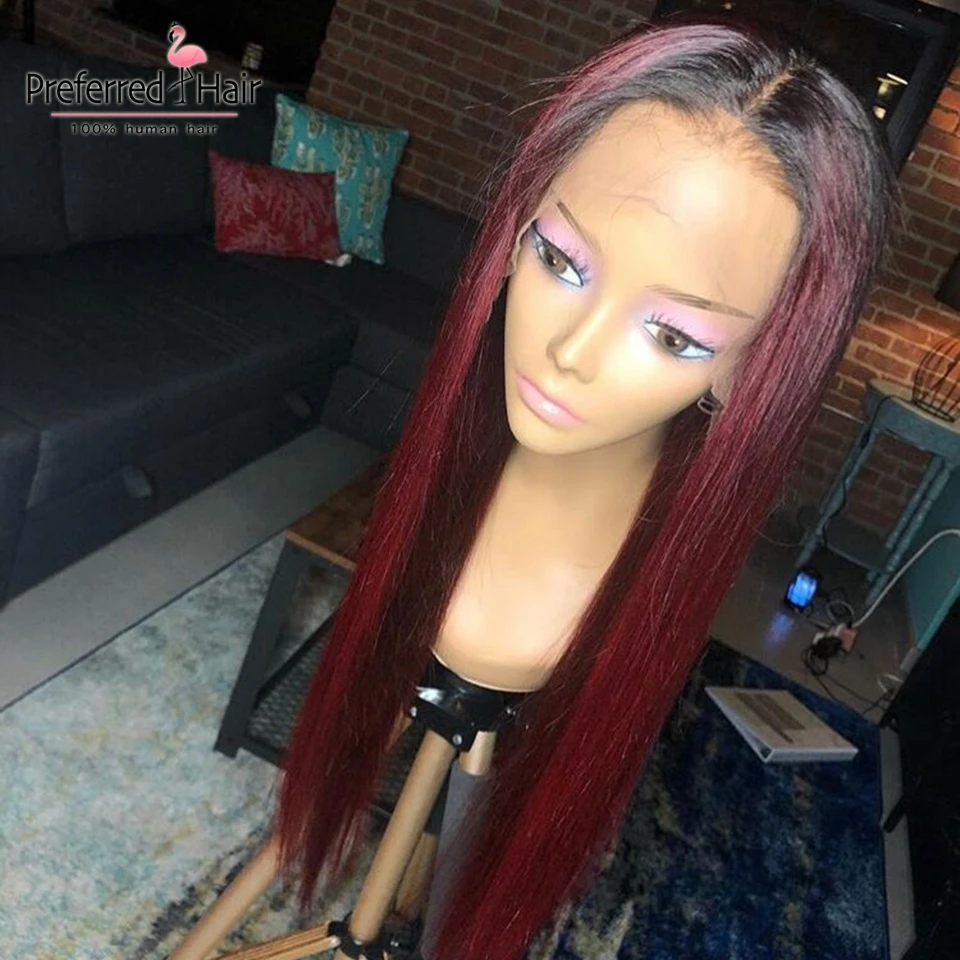 Preferred 1B/99J Burgundy Lace Front Wig With Baby Hair Straight 13x6 Ombre Human Hair Wig Remy Brazilian Wigs For Black Women