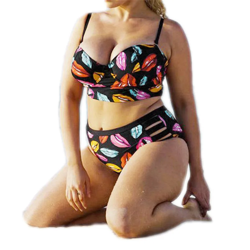 

Women's large sexy print halter suit Plus Size off-shoulder Push-Up Padded Bra High Waist sexy fashion Beachwear Set 40fb18