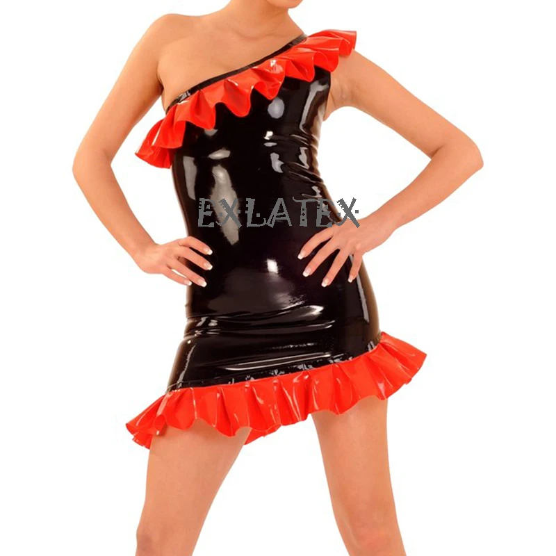 Latex Dress Decolletage Lace Clubwear Dress Women Party Dress Cotillon Sexy Latex Rubber Mini Dress (3)