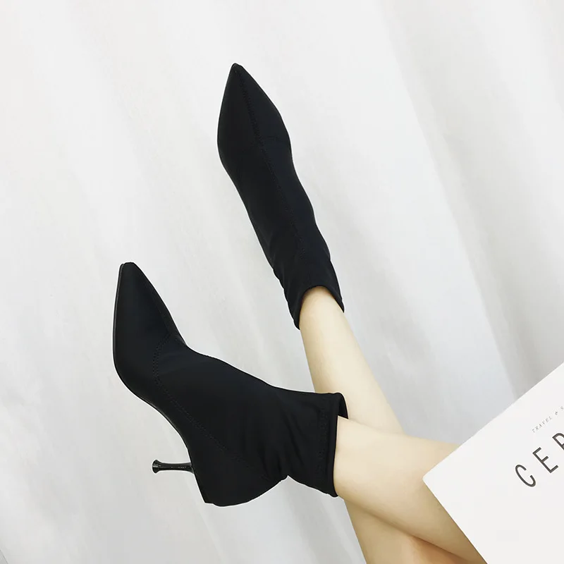 Bottes Stiletto Haute Commerce De 2018 Nouvelle 0219 bottes Femmes Noir Ljj À Extérieur Automne Élastique Pointu Talons g7Yfybv6