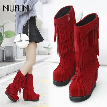 

Winter Women Boots Ladies Wedges Heels Boots Fringe Woman Mid Calf Boots Fashion Simple Shoes Ladies Short Boots Platform Botas
