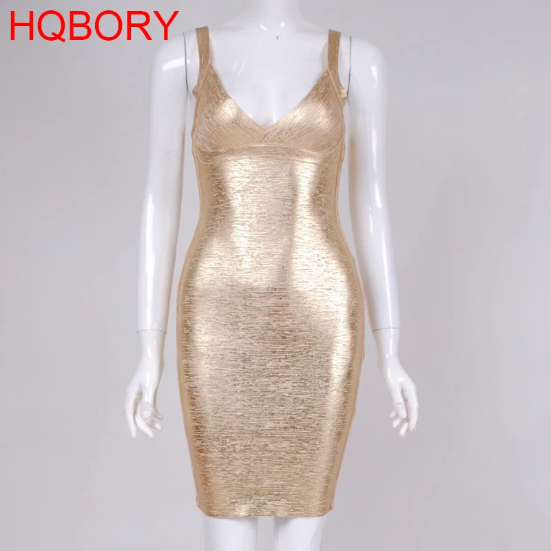 Золото металлик Спагетти ремень Мини v-образный вырез высокое качество год сексуальное облегающее Бандажное платье
