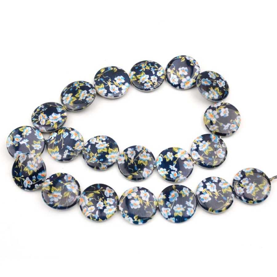 20mm Flat Round Printed Flowers Shell Beads Natural Loose Spacer Shell Stone Beads For DIY Jewelry Making Bracelet Necklace (3)