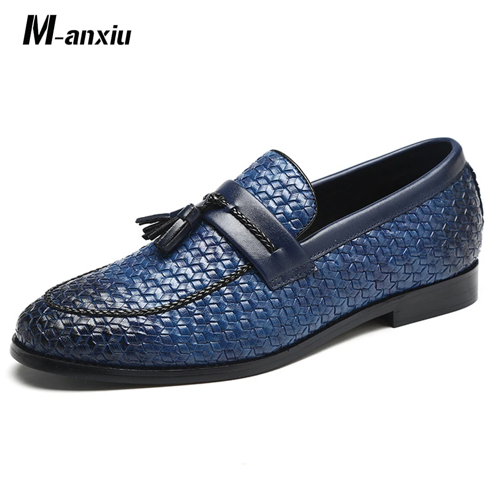 Fashion Weave Pattern Tassel Fringe Leather Shoes Slip On Casual Loafers Plus Size Round Toe Men Shoes Gift for Father