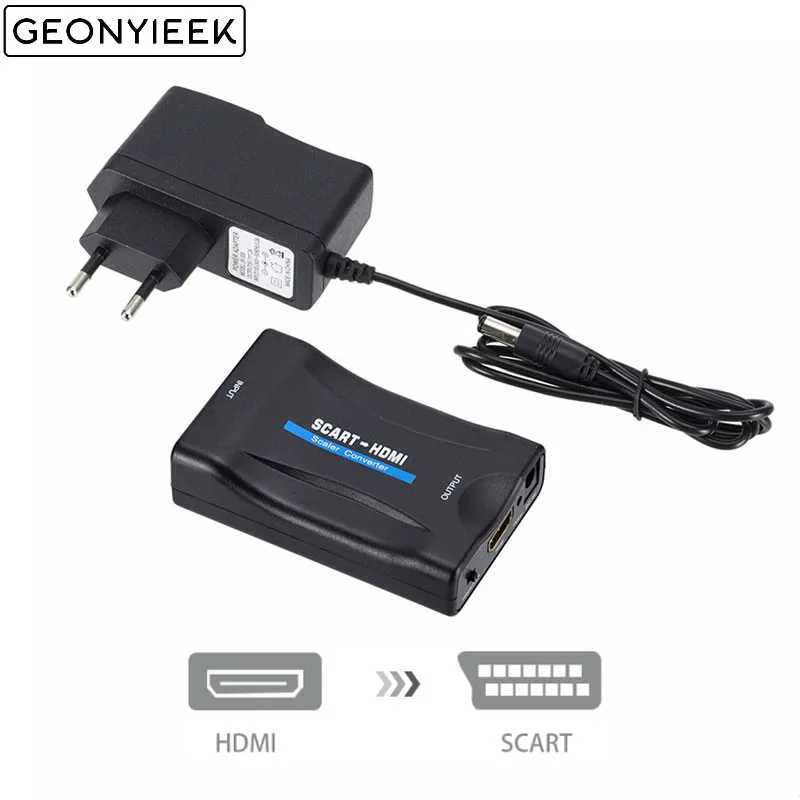 

1080P SCART To HDMI Converter Video Audio Upscale Signal Adapter Converters With Charging Adapter Cable for Sky Box DVD STB