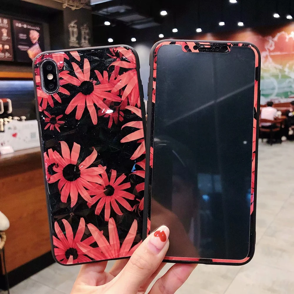 

Literary Flower Cover + Tempered Glass Screen Protector Case For iPhone 6S Plus 7 8 Plus Shell For iPhone X XS MAX XR Case Coque
