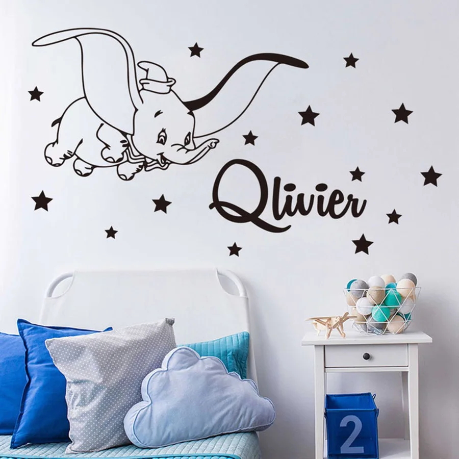 

Cartoon Custom Name Dumbo Star Wall Decal Kids Room Bedroom Personalized Name Dumbo Animal Wall Sticker Nursery Vinyl Decor Y011