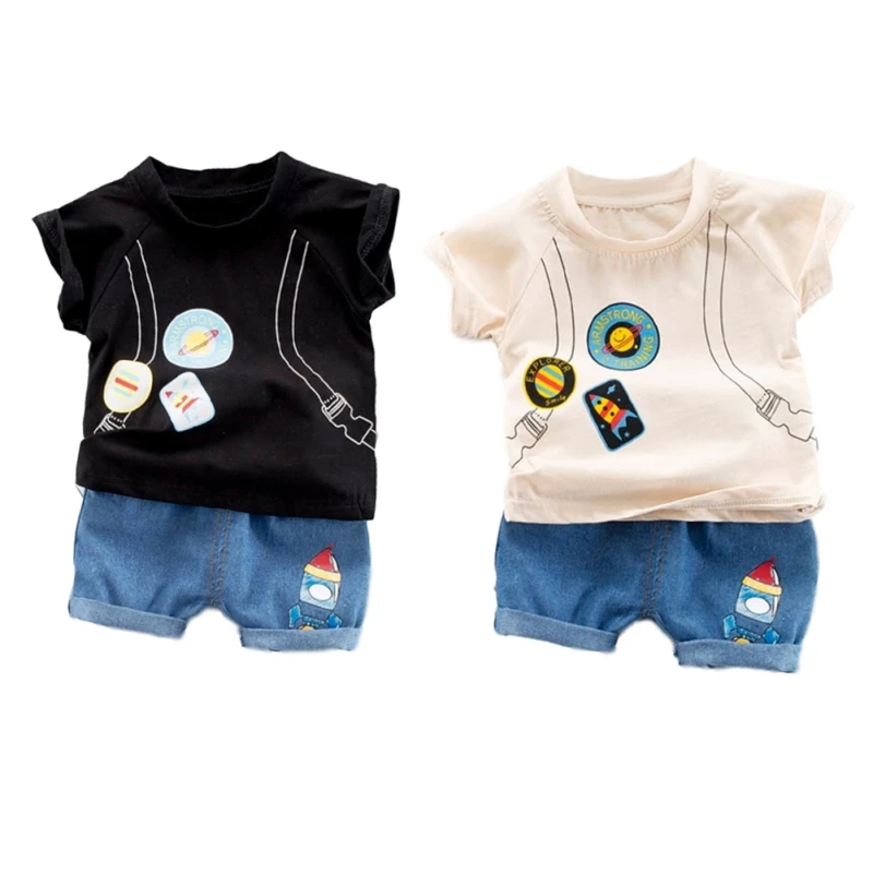 

European and American style Summer Baby Boys Short Sleeve Cartoon Print Tops Blouse T-shirt+Denim Shorts Casual Outfits Sets