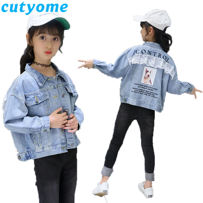 

Spring Casual Teeange Girls Denim Jacket Letters Patchwork Lace Kids Outerwear Jean Coat Girls Tops Size 10 14 Children Clothes