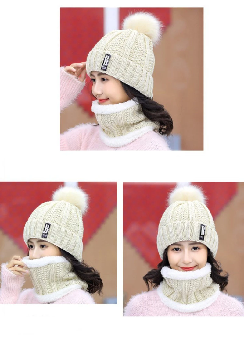 Девушка Теплый Лыжный cap 2018 новый бренд большой меховой помпонами мяч вязаные шапки шарф шляпа набор зимняя женская Шапка-бини толстые Skullies