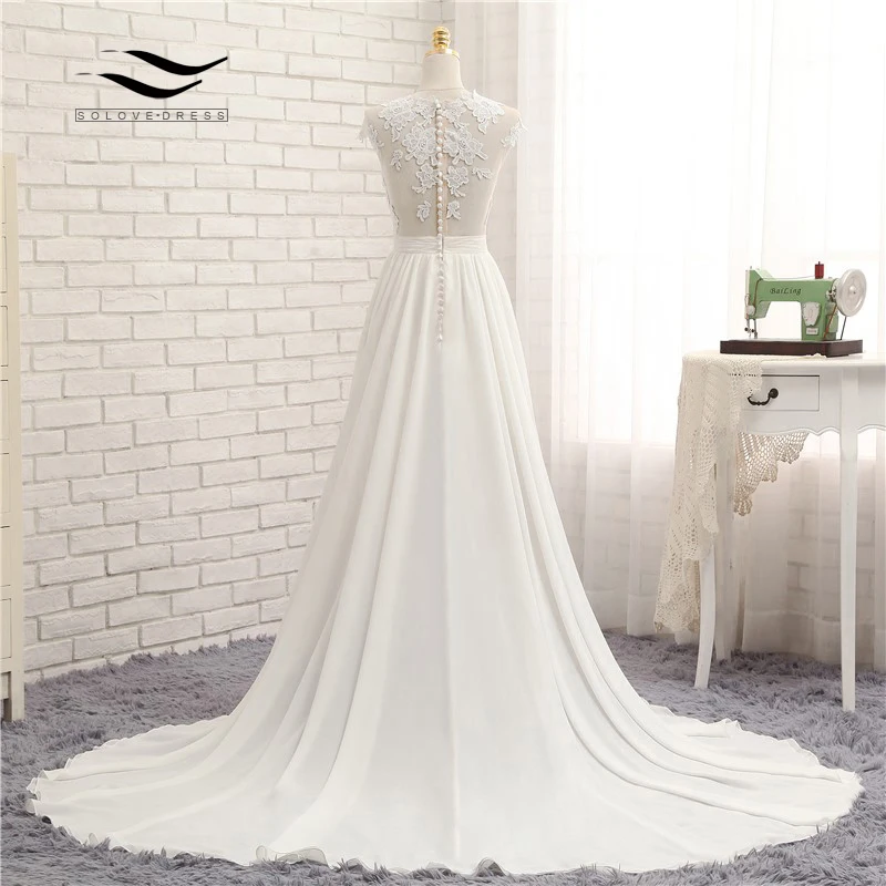 Romantic V-neck Chiffon Lace A-line Beach Wedding Dress