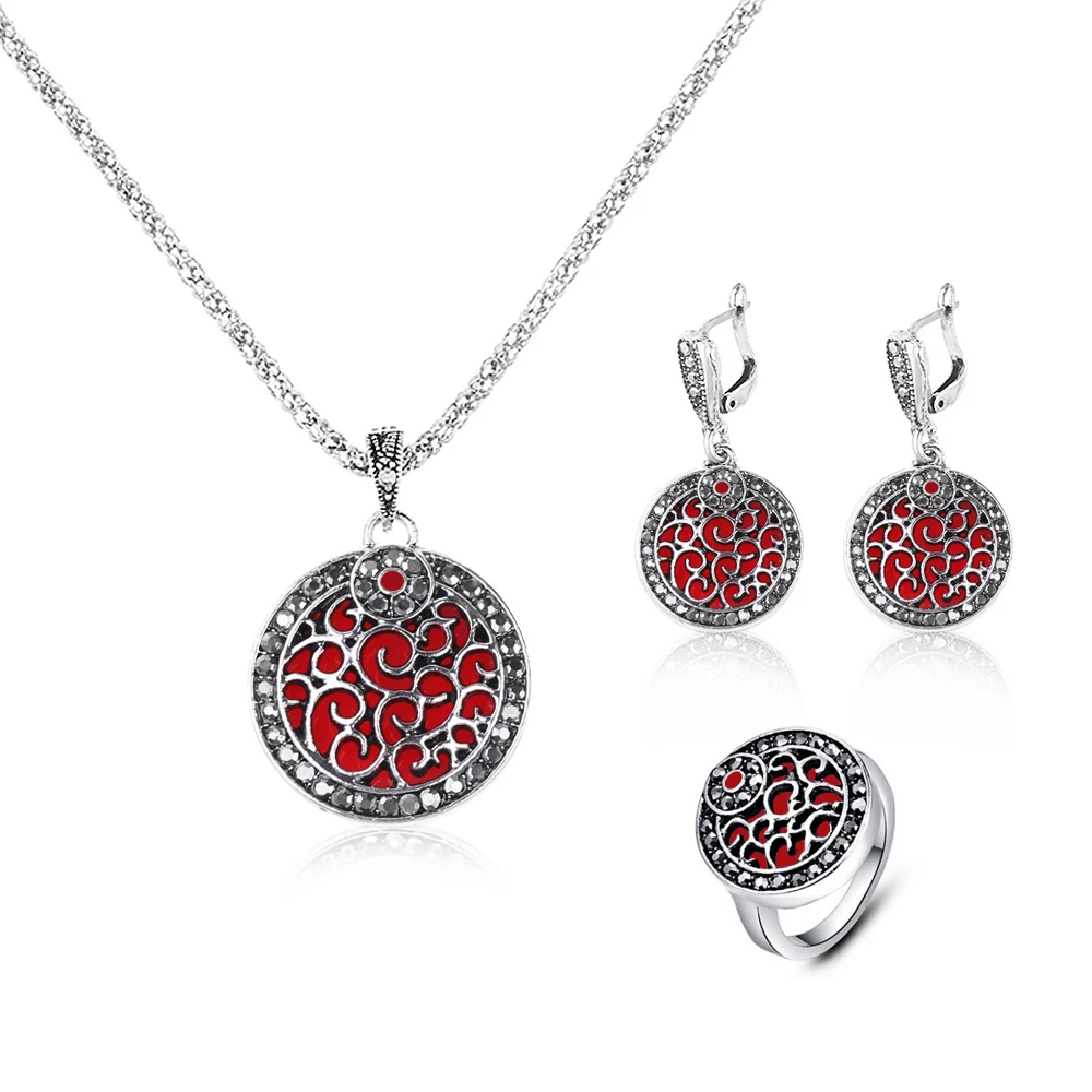 

3Pcs/Set Necklace Earrings Ring Jewelry Set Vintage Antique Silver Plated Round Pendant Red Resin Black Rhinestone Jewelry