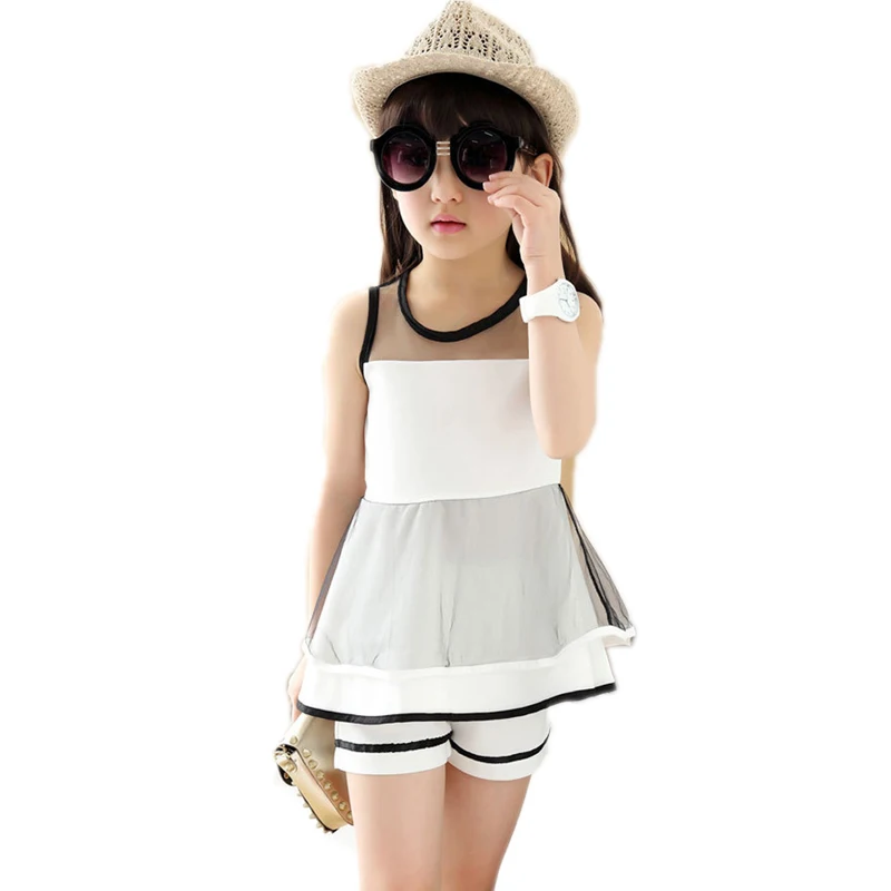 

Girl Sets 2018 Summer Children Clothing Baby Girl's Organza Clothes Sets Sleeveless Falbala T-Shirt +Shorts Elegant Girl Sets