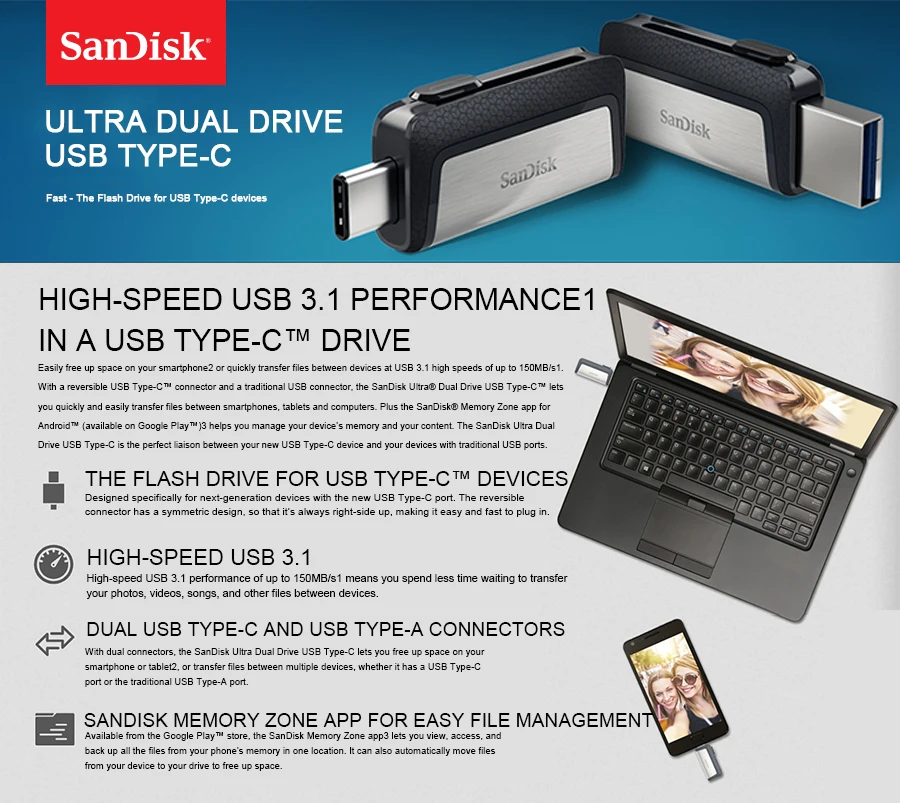 SanDisk USB 3,0 OTG флэш-накопитель 32 Гб 16 Гб двойной мини-накопитель 128 Гб 64 Гб флешки для ПК и телефонов Android