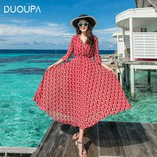 DUOUPA Dress Female Summer Chiffon Floral Slimming High Waist Round Neck Color Elastic Waist Sleeves Bohemian Beach Dress DUOUPA Dress Female Summer Chiffon Floral Slimming High Waist Round Neck Color Elastic Waist Sleeves Bohemian Beach Dress