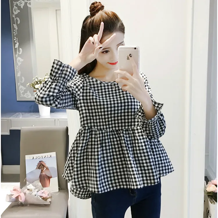 2018 Women Autumn Plaid Ruffles Casual Blouse Long Full