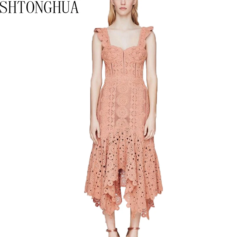 

SHTONGHUA 2019 New Fashion Designer Runway Sleeveless Dress Summer Women Spaghetti strap hollow Out Lace Trumpet Mermaid Dress