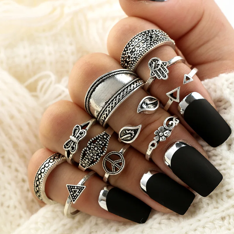 

11Pcs/lot Silver Leaf palm butterfly triangle Crystal Ring Knuckle Wedding Ring Set Steampunk Anillos Anel Rings Jewelry