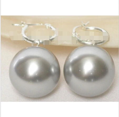 

Free shipping Dangle 14mm silver gray round sea shell pearls earring 925sc j7883
