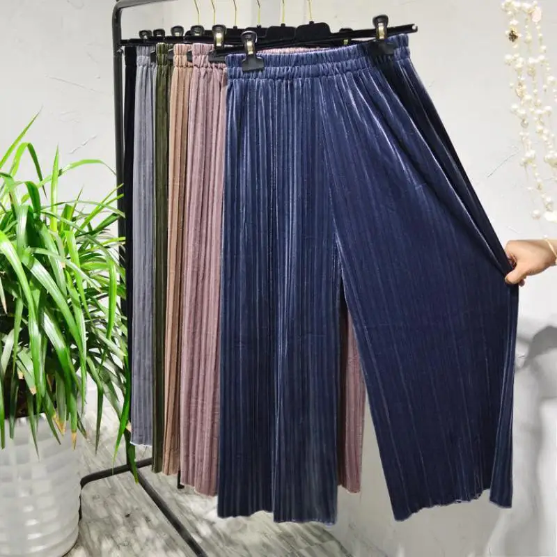 

2019 Korean Version Of Elastic Waist Loose Pants Solid Color Gold Velvet Pleated Wide Leg Pants All-match Slacks Free Shipping