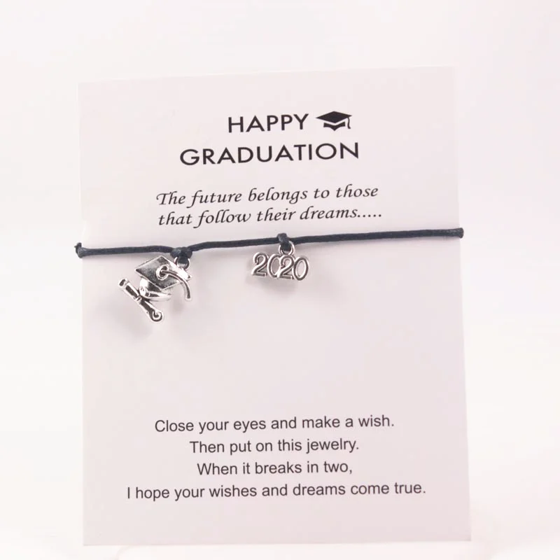 

Black Leather Rope Bracelets 2019 2020 Bachelor Cap Dangle Charms Adjustable Wish Card Bracelets For Student Graduation Gift
