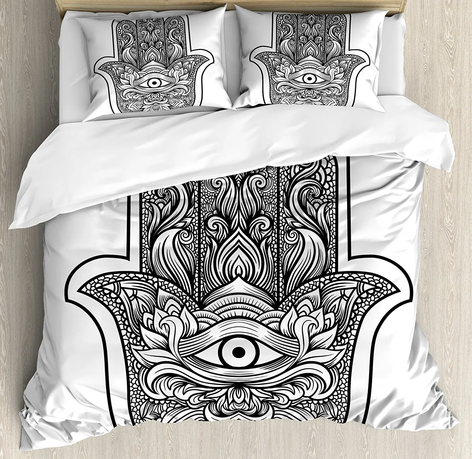 Hamsa Duvet Cover Set Boho Chic Style Line Art Religious Mascot