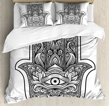 

Hamsa Duvet Cover Set Boho Chic Style Line Art Religious Mascot with Third Eye Ethnic Mehndi Tattoo 4 Piece Bedding Set