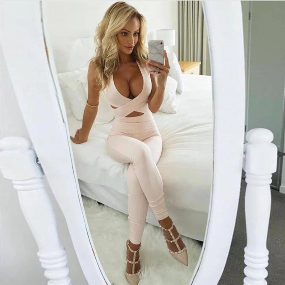 

2019 New Fashion Autumn Women Jumpsuits Beige V Neck Hollow Out Strap Celebrity Party Back Zipper Jumpsuit