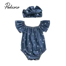 Джинсовые Тип брендовая одежда для новорожденных девочек, комбинезон, комплект из 2 предметов, комбинезон купальник комплект одежды Комплект одежды Одежда для малышей с повязкой на голову с бантом От 0 до 2 лет
