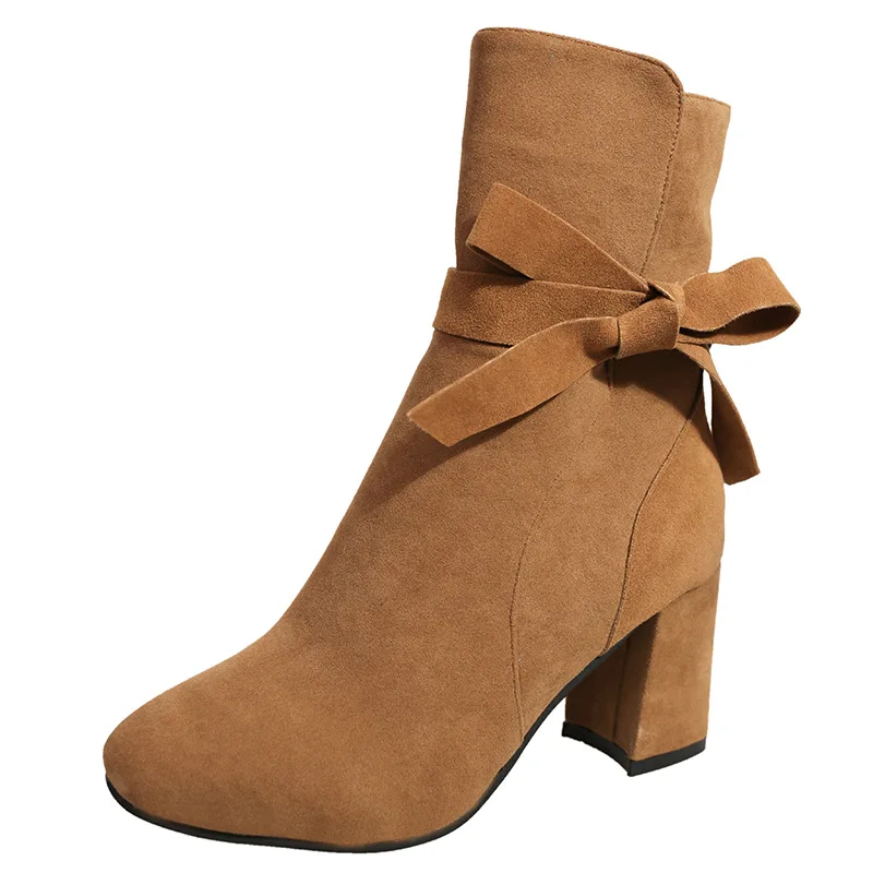 

2019 autumn and winter new Martin boots wild suede high heel bow side zipper thick with women's boots brwon 0228