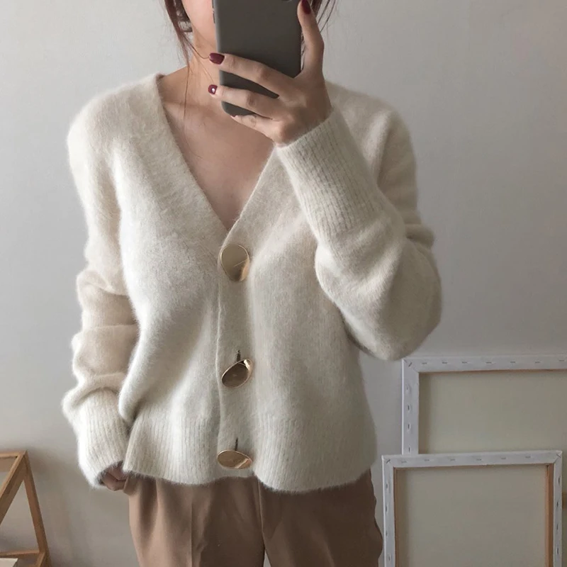 Solid Elegant Casual Sweater Cardigan Sweater Women V-Neck Winter Jumper Korean Button Oversized Cardigans Harajuku Cashmere New