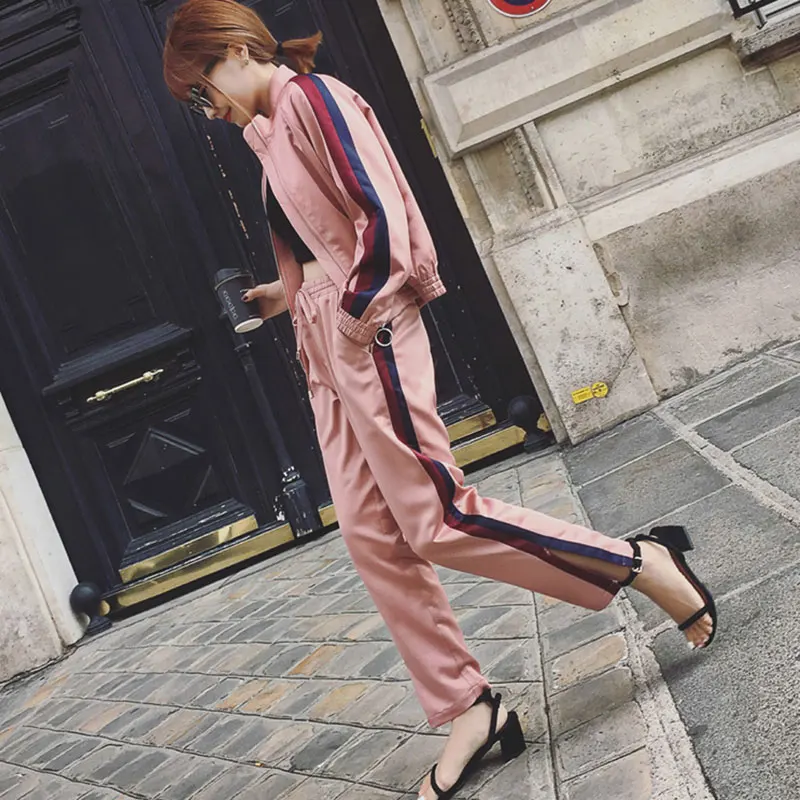 

Fashion Summer Women 2 Piece Trouser Outfits Pink Casual Tracksuits Striped Short Jacket with Elastic Pants Two Sets Suits