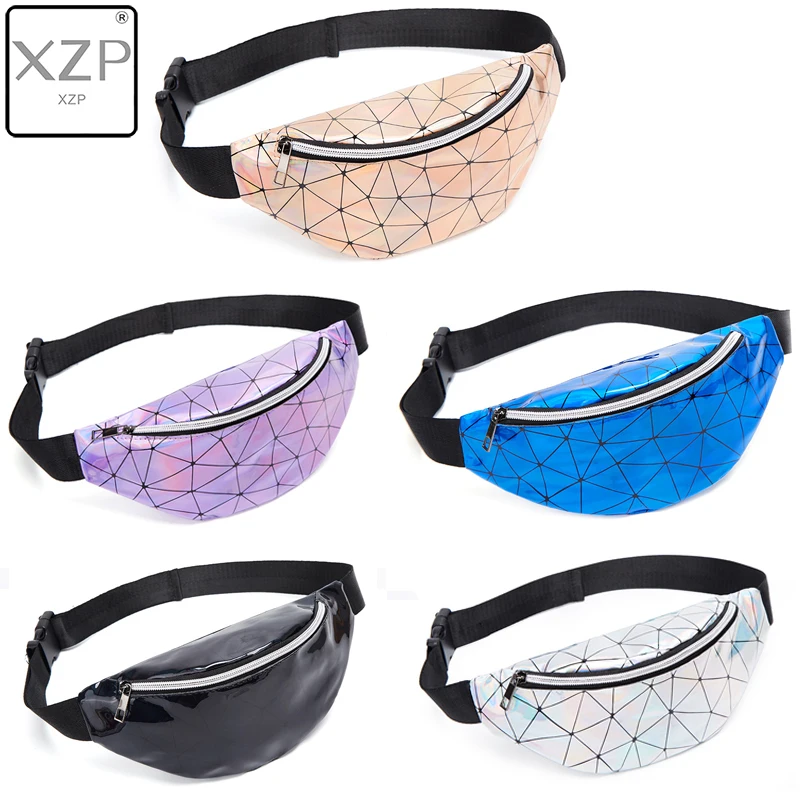 

XZP Holographic Waist Bags Women Men Gold Silver Fanny Pack Female Belt Bag Black Geometric Waist Packs Laser Chest Phone Pouch