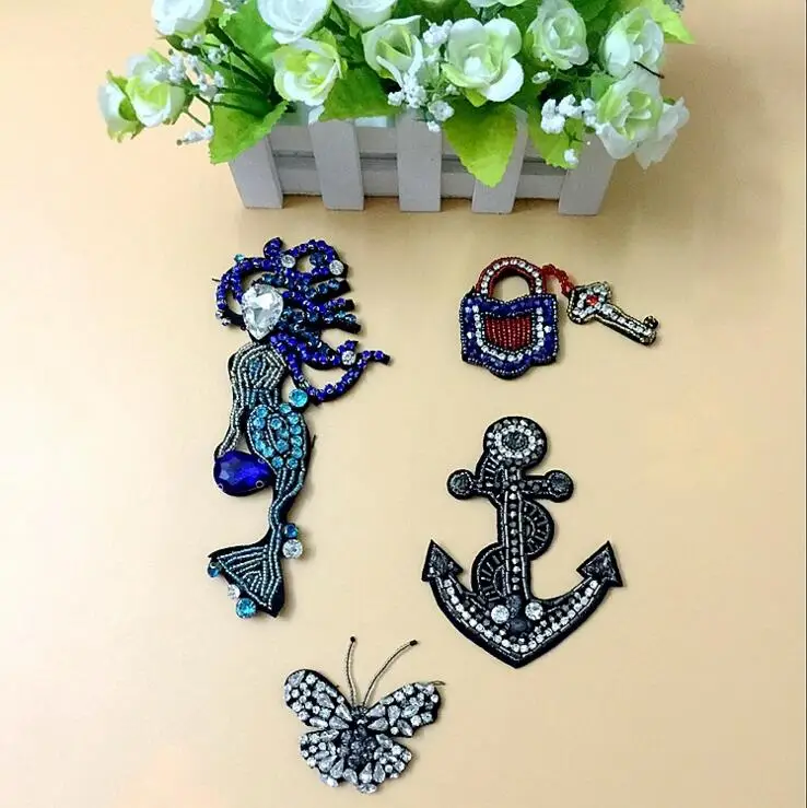 

3D Handmade Diamond Patches Sew On Beaded Appliques DIY Apparel Accessories Keys and locks Mermaid Badges Patches For Cloth