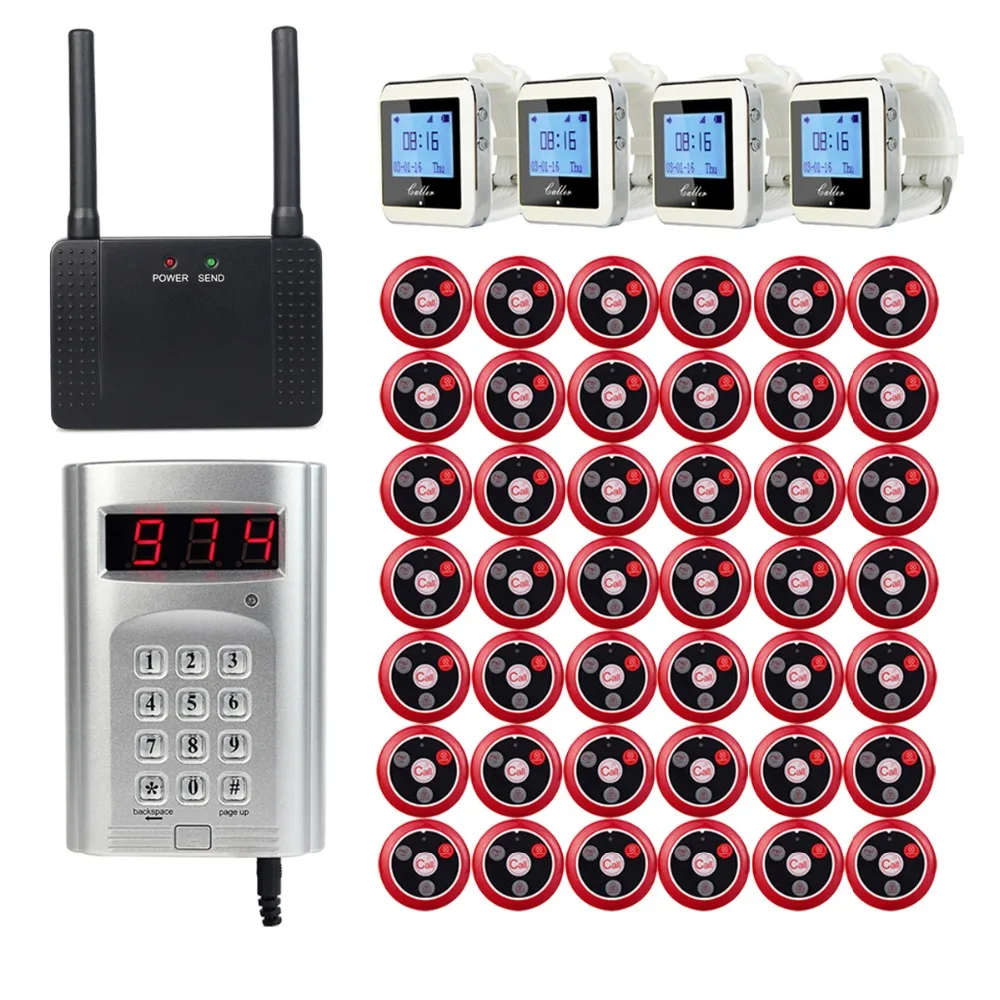 

Wireless Pager Calling System 1pcs Keyboard Call Button Transmitter+4pcs Watch Receiver+1pcs Signal Repeater+42pcs Call Button
