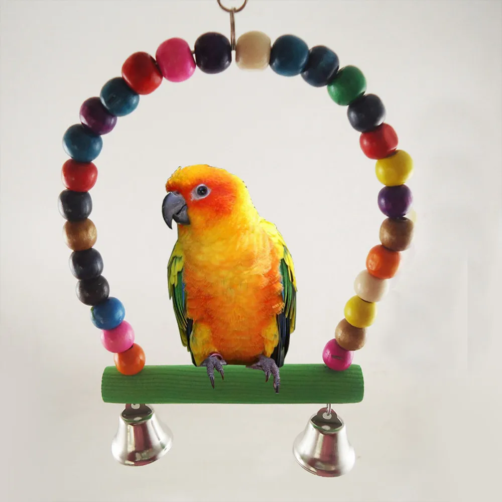Wooden Bird Cage Rainbow Beads Swing Parrot Cage Bird Toys Parakeet